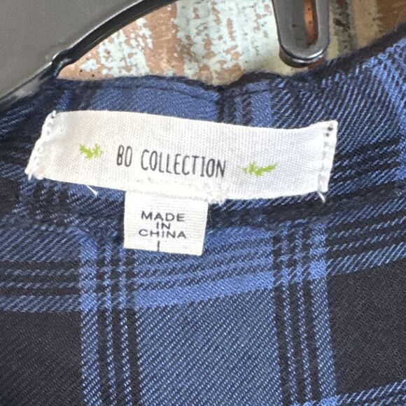 BD Collection Womens L Blue Plaid & Floral Scarf Back Blouse Collar Button - Picture 2 of 11